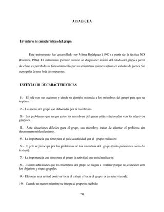 70 
APENDICE A 
Inventario de características del grupo. 
Este instrumento fue desarrollado por Mirna Rodríguez (1993) a partir de la técnica ND (Fuentes, 1986). El instrumento permite realizar un diagnóstico inicial del estado del grupo a partir de cómo es percibido su funcionamiento por sus miembros quienes actúan en calidad de jueces. Se acompaña de una hoja de respuestas. 
INVENTARIO DE CARACTERISTICAS 
1.- El jefe con sus acciones y desde su ejemplo estimula a los miembros del grupo para que se superen. 
2.- Las metas del grupo son elaboradas por la membresía. 
3.- Los problemas que surgen entre los miembros del grupo están relacionados con los objetivos grupales. 
4.- Ante situaciones difíciles para el grupo, sus miembros tratan de afrontar el problema sin desanimarse ni desalentarse. 
5.- La importancia que tiene para el país la actividad que el grupo realiza es: 
6.- El jefe se preocupa por los problemas de los miembros del grupo (tanto personales como de trabajo). 
7.- La importancia que tiene para el grupo la actividad que usted realiza es: 
8.- Existen actividades que los miembros del grupo se niegan a realizar porque no coinciden con los objetivos y metas grupales. 
9.- El poseer una actitud positiva hacia el trabajo y hacia el grupo es característico de: 
10.- Cuando un nuevo miembro se integra al grupo es recibido:  