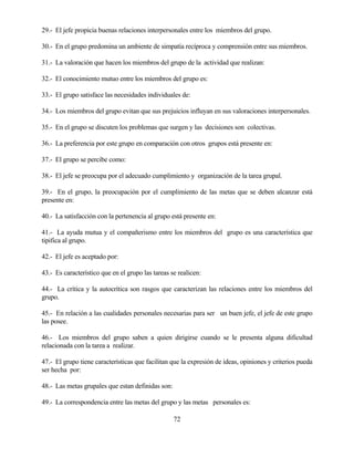 72 
29.- El jefe propicia buenas relaciones interpersonales entre los miembros del grupo. 
30.- En el grupo predomina un ambiente de simpatía recíproca y comprensión entre sus miembros. 
31.- La valoración que hacen los miembros del grupo de la actividad que realizan: 
32.- El conocimiento mutuo entre los miembros del grupo es: 
33.- El grupo satisface las necesidades individuales de: 
34.- Los miembros del grupo evitan que sus prejuicios influyan en sus valoraciones interpersonales. 
35.- En el grupo se discuten los problemas que surgen y las decisiones son colectivas. 
36.- La preferencia por este grupo en comparación con otros grupos está presente en: 
37.- El grupo se percibe como: 
38.- El jefe se preocupa por el adecuado cumplimiento y organización de la tarea grupal. 
39.- En el grupo, la preocupación por el cumplimiento de las metas que se deben alcanzar está presente en: 
40.- La satisfacción con la pertenencia al grupo está presente en: 
41.- La ayuda mutua y el compañerismo entre los miembros del grupo es una característica que tipifica al grupo. 
42.- El jefe es aceptado por: 
43.- Es característico que en el grupo las tareas se realicen: 
44.- La crítica y la autocrítica son rasgos que caracterizan las relaciones entre los miembros del grupo. 
45.- En relación a las cualidades personales necesarias para ser un buen jefe, el jefe de este grupo las posee. 
46.- Los miembros del grupo saben a quien dirigirse cuando se le presenta alguna dificultad relacionada con la tarea a realizar. 
47.- El grupo tiene características que facilitan que la expresión de ideas, opiniones y criterios pueda ser hecha por: 
48.- Las metas grupales que estan definidas son: 
49.- La correspondencia entre las metas del grupo y las metas personales es:  