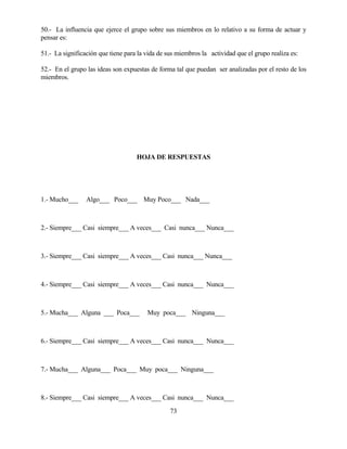 73 
50.- La influencia que ejerce el grupo sobre sus miembros en lo relativo a su forma de actuar y pensar es: 
51.- La significación que tiene para la vida de sus miembros la actividad que el grupo realiza es: 
52.- En el grupo las ideas son expuestas de forma tal que puedan ser analizadas por el resto de los miembros. 
HOJA DE RESPUESTAS 
1.- Mucho___ Algo___ Poco___ Muy Poco___ Nada___ 
2.- Siempre___ Casi siempre___ A veces___ Casi nunca___ Nunca___ 
3.- Siempre___ Casi siempre___ A veces___ Casi nunca___ Nunca___ 
4.- Siempre___ Casi siempre___ A veces___ Casi nunca___ Nunca___ 
5.- Mucha___ Alguna ___ Poca___ Muy poca___ Ninguna___ 
6.- Siempre___ Casi siempre___ A veces___ Casi nunca___ Nunca___ 
7.- Mucha___ Alguna___ Poca___ Muy poca___ Ninguna___ 
8.- Siempre___ Casi siempre___ A veces___ Casi nunca___ Nunca___  