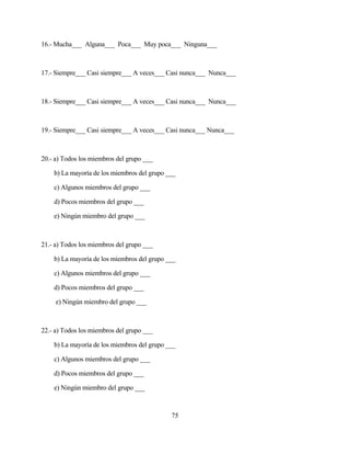 75 
16.- Mucha___ Alguna___ Poca___ Muy poca___ Ninguna___ 
17.- Siempre___ Casi siempre___ A veces___ Casi nunca___ Nunca___ 
18.- Siempre___ Casi siempre___ A veces___ Casi nunca___ Nunca___ 
19.- Siempre___ Casi siempre___ A veces___ Casi nunca___ Nunca___ 
20.- a) Todos los miembros del grupo ___ 
b) La mayoría de los miembros del grupo ___ 
c) Algunos miembros del grupo ___ 
d) Pocos miembros del grupo ___ 
e) Ningún miembro del grupo ___ 
21.- a) Todos los miembros del grupo ___ 
b) La mayoría de los miembros del grupo ___ 
c) Algunos miembros del grupo ___ 
d) Pocos miembros del grupo ___ 
e) Ningún miembro del grupo ___ 
22.- a) Todos los miembros del grupo ___ 
b) La mayoría de los miembros del grupo ___ 
c) Algunos miembros del grupo ___ 
d) Pocos miembros del grupo ___ 
e) Ningún miembro del grupo ___  