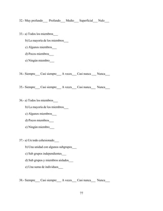 77 
32.- Muy profundo___ Profundo___ Medio___ Superficial___ Nulo___ 
33.- a) Todos los miembros___ 
b) La mayoría de los miembros___ 
c) Algunos miembros___ 
d) Pocos miembros___ 
e) Ningún miembro___ 
34.- Siempre___ Casi siempre___ A veces___ Casi nunca ___ Nunca___ 
35.- Siempre___ Casi siempre___ A veces___ Casi nunca___ Nunca___ 
36.- a) Todos los miembros___ 
b) La mayoría de los miembros___ 
c) Algunos miembros___ 
d) Pocos miembros___ 
e) Ningún miembro___ 
37.- a) Un todo cohesionado___ 
b) Una unidad con algunos subgrupos___ 
c) Sub grupos independientes___ 
d) Sub grupos y miembros aislados___ 
e) Una suma de individuos___ 
38.- Siempre___ Casi siempre___ A veces___ Casi nunca___ Nunca___  