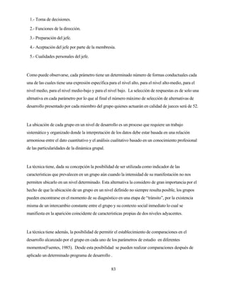 83 
1.- Toma de decisiones. 
2.- Funciones de la dirección. 
3.- Preparación del jefe. 
4.- Aceptación del jefe por parte de la membresía. 
5.- Cualidades personales del jefe. 
Como puede observarse, cada prámetro tiene un determinado número de formas conductuales cada una de las cuales tiene una expresión específica para el nivel alto, para el nivel alto-medio, para el nivel medio, para el nivel medio-bajo y para el nivel bajo. La selección de respuestas es de solo una altrnativa en cada parámetro por lo que al final el número máximo de selección de alternativas de desarrollo presentado por cada miembro del grupo quienes actuarán en calidad de jueces será de 52. 
La ubicación de cada grupo en un nivel de desarrollo es un proceso que requiere un trabajo sistemático y organizado donde la interpretación de los datos debe estar basada en una relación armoniosa entre el dato cuantitativo y el análisis cualitativo basado en un conocimiento profesional de las particularidades de la dinámica grupal. 
La técnica tiene, dada su concepción la posibilidad de ser utilizada como indicador de las características que prevalecen en un grupo aún cuando la intensidad de su manifestación no nos permiten ubicarlo en un nivel determinado. Esta alternativa la considero de gran importancia por el hecho de que la ubicación de un grupo en un nivel definido no siempre resulta posible, los grupos pueden encontrarse en el momento de su diagnóstico en una etapa de “tránsito”, por la existencia misma de un intercambio constante entre el grupo y su contexto social inmediato lo cual se manifiesta en la aparición coincidente de características propias de dos niveles adyacentes. 
La técnica tiene además, la posibilidad de permitir el establecimiento de comparaciones en el desarrollo alcanzado por el grupo en cada uno de los parámetros de estudio en diferentes momentos(Fuentes, 1985). Desde esta posibilidad se pueden realizar comparaciones después de aplicado un determinado programa de desarrollo .  
