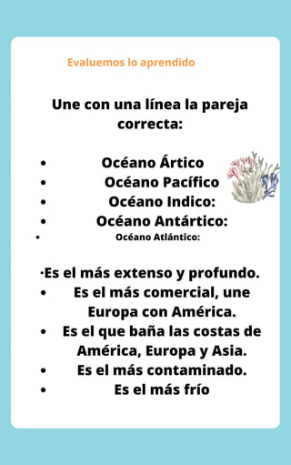 Evaluemos lo aprendido
Océano Ártico
Océano Pacífico
Océano Indico:
Océano Antártico:
Océano Atlántico:
Es el más comercial, une
Europa con América.
Es el que baña las costas de
América, Europa y Asia.
Es el más contaminado.
Es el más frío
Une con una línea la pareja
correcta:
·Es el más extenso y profundo.
 