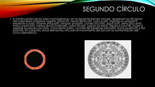 SEGUNDO CÍRCULO
• A continuación de los soles cosmogónicos, en la siguiente banda circular, aparecen los 20 signos
del calendario indígena: lagarto (cipactli), viento (ehécatl), casa (calli), lagartija (cuetzpalin),
serpiente (cóatl), muerte (miquiztli), venado (mázatl), conejo (tochtli), agua (atl), perro (itzcuintli),
mono (ozomatli), hierba divina (malinalli), caña (ácatl), jaguar (océlotl), águila (cuauhtli), buitre o
zopilote (cozacacuacuhtli), movimiento (ollin), cuchillo de pedernal (técpatl), lluvia (quiáhuitl) y flor
(xóchitl). En conjunto, estos elementos vinculan el movimiento del Sol con la conformación del
ciclo calendárico.
 