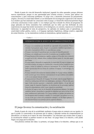Desde el punto de vista del desarrollo intelectual, jugando los niños aprenden, porque obtienen
nuevas experiencias, porque es una oportunidad para cometer aciertos y errores, para aplicar sus
conocimientos y para solucionar problemas. El juego crea y desarrolla estructuras de pensamiento,
origina y favorece la creatividad infantil; es un instrumento de investigación cognoscitiva del entorno.
Los estudios que han analizado las conexiones entre el juego y el desarrollo intelectual permiten llegar
a diversas conclusiones (véase cuadro 1). Los trabajos que han evaluado los efectos de programas de
juego aplicados de forma sistemática han confirmado que los niños que han disfrutado de estas
experiencias de juego han tenido incrementos en la inteligencia, en concreto, mejoras en el coeficiente
intelectual, la capacidad de toma de perspectiva, las aptitudes de madurez para el aprendizaje, la
creatividad (verbal, gráfica, motriz...), el lenguaje (aptitudes lingüísticas, diálogo creativo, capacidad
de contar historias...) y las matemáticas (soltura en matemáticas, aptitud numérica...).




     El juego favorece la comunicación y la socialización
     Desde el punto de vista de la sociabilidad, mediante el juego entra en contacto con sus iguales, lo
que le ayuda a ir conociendo a las personas que le rodean, a aprender normas de comportamiento ya
descubrirse a sí mismo en el marco de estos intercambios. Las relaciones que existen entre el juego y
la socialización infantil se podrían resumir en una frase: «el juego llama a la relación y sólo puede
llegar a ser juego por la relación».
     Esta premisa contiene dos ideas. La primera, «el juego llama a la relación», subraya que es un


                                                                                                         6
 
