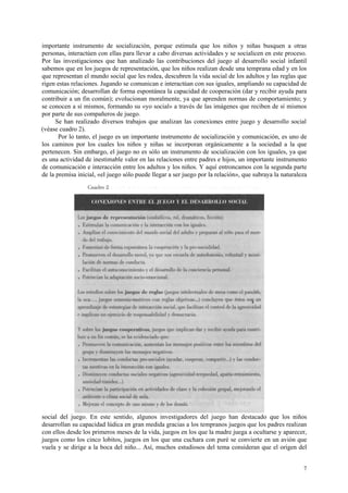 importante instrumento de socialización, porque estimula que los niños y niñas busquen a otras
personas, interactúen con ellas para llevar a cabo diversas actividades y se socialicen en este proceso.
Por las investigaciones que han analizado las contribuciones del juego al desarrollo social infantil
sabemos que en los juegos de representación, que los niños realizan desde una temprana edad y en los
que representan el mundo social que les rodea, descubren la vida social de los adultos y las reglas que
rigen estas relaciones. Jugando se comunican e interactúan con sus iguales, ampliando su capacidad de
comunicación; desarrollan de forma espontánea la capacidad de cooperación (dar y recibir ayuda para
contribuir a un fin común); evolucionan moralmente, ya que aprenden normas de comportamiento; y
se conocen a sí mismos, formando su «yo social» a través de las imágenes que reciben de sí mismos
por parte de sus compañeros de juego.
      Se han realizado diversos trabajos que analizan las conexiones entre juego y desarrollo social
(véase cuadro 2).
       Por lo tanto, el juego es un importante instrumento de socialización y comunicación, es uno de
los caminos por los cuales los niños y niñas se incorporan orgánicamente a la sociedad a la que
pertenecen. Sin embargo, el juego no es sólo un instrumento de socialización con los iguales, ya que
es una actividad de inestimable valor en las relaciones entre padres e hijos, un importante instrumento
de comunicación e interacción entre los adultos y los niños. Y aquí entroncamos con la segunda parte
de la premisa inicial, «el juego sólo puede llegar a ser juego por la relación», que subraya la naturaleza




social del juego. En este sentido, algunos investigadores del juego han destacado que los niños
desarrollan su capacidad lúdica en gran medida gracias a los tempranos juegos que los padres realizan
con ellos desde los primeros meses de la vida, juegos en los que la madre juega a ocultarse y aparecer,
juegos como los cinco lobitos, juegos en los que una cuchara con puré se convierte en un avión que
vuela y se dirige a la boca del niño... Así, muchos estudiosos del tema consideran que el origen del


                                                                                                        7
 
