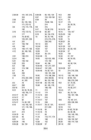 2:38-39   101, 197, 212,    8:36-39     83, 103, 134     14:3       260
          353               8:37        153, 155-156     15:1       238
2:39      221               8:39        28               15:11      19
2:41      55, 133, 165,     9           79-80, 148,      15:17      175
          171, 212-13                   214              16         26, 28, 30,
3:6       170, 173, 176,    9:6         215                         222
          192               9:17        79, 82, 216      16:14-15   56
3:16      170, 172-73,      9:17-18     83, 261          16:15      134, 157
          177               9:18        56, 134, 216     16:25-33   146
3:19      78, 82-83,        10          36, 78, 148,     16:28      27
          120, 227, 230                 213, 215, 218,   16:30      15
4:4       222                           238, 243         16:30-31   28
4:7       169, 192          10:1-2      323              16:31      28
4:8       198               10:3-6      323              16:31-33   157
4:10      169, 177, 192     10:24       157              16:31-34   56, 83, 103
4:12      30, 169, 193,     10:28       174              16:32-34   27
          282               10:34       36, 174          16:33      134
4:31      198, 213          10:34-48    79               16:34      27, 157
5:3-4     195               10:43       152-153, 169,    17:30      40, 54, 83,
5:31      149, 152                      172, 192                    120
5:32      223               10:44       40, 196          18:8       40, 56, 134,
6:3       198               10:44-46    157, 217, 237               157
6:5       174, 198          10:44-47    197, 229         18:24-28   327
6:7       46                10:44-48    78, 83, 101-     19         214, 218, 239,
6:8       260                           102, 161, 350               243
7:59      175               10:45       174, 196, 264    19:1-5     130, 146, 190
8         218, 222, 240-    10:46       259, 264-65      19:1-6     82-83, 102,
          41, 243           10:47       96, 153, 196                206, 210, 349
8:5       78                10:47-48    56, 134, 146     19:2       57, 79, 82,
8:6-7     260               10:48       82, 165, 178,               197, 217
8:6-16    214                           188, 192         19:3       79, 82, 217
8:12      40, 55, 78, 82,   11          213              19:4-5     171
          126, 165, 171     11:1-3      174              19:5       56, 79, 134,
8:12-17   45, 161           11:13-14    324                         165, 167, 188,
8:14-17   77                11:14       216                         192
8:15-16   82                11:14-17    157              19:6       79, 197, 217,
8:15-17   74, 83, 102       11:15       238                         229, 238, 265
8:16      133, 165, 167,    11:15-17    28, 57, 101,     19:14-17   173
          171, 178, 188,                217, 222         19:18      112
          192               11:15-18    83               22:16      61-62, 79, 82-
8:17      214               11:16-18    78                          83, 94, 98,
8:18-19   45                11:17       83                          134, 140, 165,
8:21-23   46                11:18       110, 117, 174               169, 175
8:22      151               13:9        198              26:18      109, 152, 347
8:26-39   146               13:38       152              26:20      109, 114, 120
8:35-38   56, 134           13:38-39    37               28:1-6     232

                                       364
 
