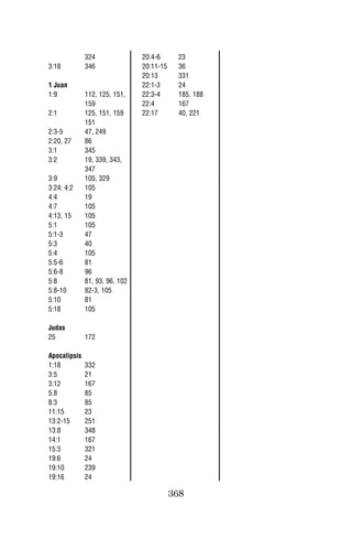 324               20:4-6      23
3:18          346               20:11-15    36
                                20:13       331
1 Juan                          22:1-3      24
1:9           112, 125, 151,    22:3-4      185, 188
              159               22:4        167
2:1           125, 151, 159     22:17       40, 221
              151
2:3-5         47, 249
2:20, 27      86
3:1           345
3:2           19, 339, 343,
              347
3:9           105, 329
3:24; 4:2     105
4:4           19
4:7           105
4:13, 15      105
5:1           105
5:1-3         47
5:3           40
5:4           105
5:5-6         81
5:6-8         96
5:8           81, 93, 96, 102
5:8-10        82-3, 105
5:10          81
5:18          105

Judas
25            172

Apocalipsis
1:18          332
3:5           21
3:12          167
5:8           85
8:3           85
11:15         23
13:2-15       251
13:8          348
14:1          167
15:3          321
19:6          24
19:10         239
19:16         24

                                           368
 