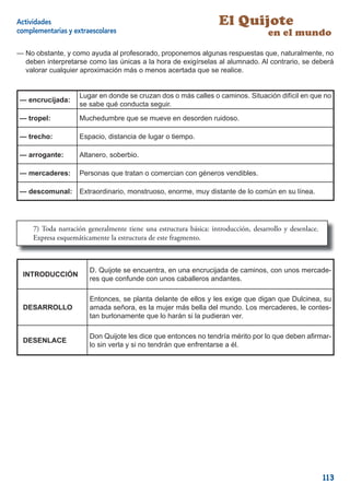 Actividades                                                         El Quijote
complementarias y extraescolares                                                    en el mundo
— No obstante, y como ayuda al profesorado, proponemos algunas respuestas que, naturalmente, no
  deben interpretarse como las únicas a la hora de exigírselas al alumnado. Al contrario, se deberá
  valorar cualquier aproximación más o menos acertada que se realice.


                    Lugar en donde se cruzan dos o más calles o caminos. Situación difícil en que no
— encrucijada:
                    se sabe qué conducta seguir.
— tropel:           Muchedumbre que se mueve en desorden ruidoso.

— trecho:           Espacio, distancia de lugar o tiempo.

— arrogante:        Altanero, soberbio.

— mercaderes:       Personas que tratan o comercian con géneros vendibles.

— descomunal:       Extraordinario, monstruoso, enorme, muy distante de lo común en su línea.




     7) Toda narración generalmente tiene una estructura básica: introducción, desarrollo y desenlace.
     Expresa esquemáticamente la estructura de este fragmento.



                        D. Quijote se encuentra, en una encrucijada de caminos, con unos mercade-
  INTRODUCCIÓN
                        res que confunde con unos caballeros andantes.

                        Entonces, se planta delante de ellos y les exige que digan que Dulcinea, su
  DESARROLLO            amada señora, es la mujer más bella del mundo. Los mercaderes, le contes-
                        tan burlonamente que lo harán si la pudieran ver.

                        Don Quijote les dice que entonces no tendría mérito por lo que deben aﬁrmar-
  DESENLACE
                        lo sin verla y si no tendrán que enfrentarse a él.




                                                                                                         113
 