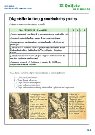 Actividades                                                            El Quijote
complementarias y extraescolares                                                           en el mundo


     Diagnóstico de ideas y conocimientos previos
     ¿Cuáles son tus conocimientos sobre la novela?

                 DON QUIJOTE DE LA MANCHA                                              1    2    3    4     5
      ¿Conoces algunos de estos datos de la obra: autor, época, localización, etc.?
      ¿Conoces la trama de la obra y alguno de sus temas principales?
      ¿Conoces algunas manifestaciones artísticas basadas en la obra o sus
      personajes?
      ¿Conoces a estos escritores canarios que han sido admiradores de don
      Quijote: Benito Pérez Galdós, José de Viera y Clavijo y Domingo
      Rivero?
      ¿Conoces ilustraciones de Don Quijote o algunas manifestaciones de
      esta obra en pintura, escultura, etc?
      ¿Conoces el museo de «El Quijote en el mundo» del IES Mencey
      Acaymo de Güímar, en Tenerife?



     - Cada alumno o alumna del grupo contestará según el número de la serie:

           1=   Lo desconozco totalmente
           2=   Tengo algunas referencias
           3=   Tengo un conocimiento parcial
           4=   Tengo un buen conocimiento
           5=   Tengo un buen conocimiento y puedo incluso explicárselo a otras personas


                                —¿Qué es esto, señora                                 —No se sale —
                                ama? ¿Qué le ha                                       respondió ella— sino por
                                acontecido, que parece                                la puerta de su locura.
                                que se le quiere arrancar el                          Quiero decir, señor
                                alma?                                                 bachiller de mi ánima,
                                                                                      que quiere salir otra
                                —No es nada, señor                                    vez, que con esta será la
                                Sansón mío, sino que mi                               tercera, a buscar por ese
                                amo se sale, ¡sálese sin                              mundo lo que él llama
                                duda!                                                 “venturas”, que yo no
                                                                                      puedo entender cómo les
                                —¿Y por dónde se sale,                                da este nombre.
                                señora? —preguntó
                                Sansón—. ¿Hásele roto
                                alguna parte de su cuerpo?
                                                                                                                  3


                                                                                                                      168
 
