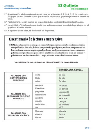Actividades                                                       El Quijote
complementarias y extraescolares                                                  en el mundo
2.º) A continuación, el alumnado realizará en clase las actividades 1, 2, 3, 4, 5 y 7 del cuestionario.
     En grupos de dos. (Se debe cuidar que al menos uno de cada grupo tenga acceso a Internet en
     casa).
3.º) Posteriormente, se irán leyendo las respuestas dadas, con la coordinación del profesorado.
4.º) La actividad n.º 6 del cuestionario tendrá que realizarse en casa o en algún lugar elegido por el
     grupo con acceso a Internet.
5.º) Al siguiente día de clase, se escucharán las respuestas.



     Cuestionario de lectura comprensiva
     1) El Quijote fue escrito en una época en que lala lengua escrita no estaba sujeta a una norma
        El Quijote fue escrito en una época en que lengua escrita no estaba sujeta a una norma
     ortográﬁca ﬁca ﬁja. ello, habrás comprobado que algunas palabras o expresiones se han escrito
        ortográﬁ ja. Por Por ello, habrás comprobado que algunas palabras o expresiones se
     de han escrito de manera un poco peculiar. Busca palabras en desuso, palabras compuestas
        manera un poco peculiar. Busca palabras con contracciones con contracciones en desuso,
     con pronombre enclítico que actualmente están en desuso y palabras con vacilación vocálica. y
        palabras compuestas con pronombre enclítico que actualmente están en desuso
     Luego, di cómo se escribirían actualmente.
        palabras con vacilación vocálica. Luego, di cómo se escribirían actualmente.


            PROPUESTA DE SOLUCIONES AL CUESTIONARIO DE COMPRENSIÓN



                                                                   ORTOGRAFÍA ACTUAL

        PALABRAS CON                  desta                        De esta
       CONTRACCIONES                  Della                        De ella
          EN DESUSO                   dellos                       De ellos

                                      causóme                      Me causó
                                      Parecióme                    Me pareció
                                      preguntéle                   Le pregunté
      PALABRAS CON                    respondióme                  Me respondió
   PRONOMBRE ENCLÍTICO
        EN DESUSO                     apartéme                     Me aparté
                                      roguéle                      Le rogué
                                      contentóse                   Se contentó
                                      vile                         Le vi

                                      Mesmo/a                      Mismo/a
      PALABRAS CON
                                      escrebir                     Escribir
   VACILACIÓN VOCÁLICA
                                      Recebí                       Recibí




                                                                                                      172
 