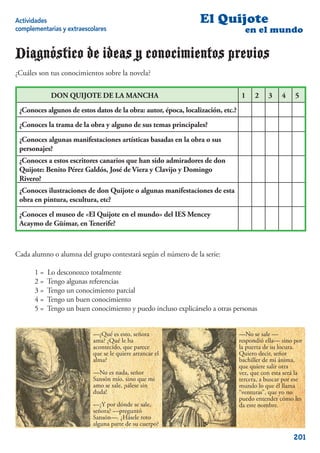 Actividades                                                      El Quijote
complementarias y extraescolares                                                   en el mundo

Diagnóstico de ideas y conocimientos previos
¿Cuáles son tus conocimientos sobre la novela?

            DON QUIJOTE DE LA MANCHA                                              1    2    3    4     5
 ¿Conoces algunos de estos datos de la obra: autor, época, localización, etc.?
 ¿Conoces la trama de la obra y alguno de sus temas principales?
 ¿Conoces algunas manifestaciones artísticas basadas en la obra o sus
 personajes?
 ¿Conoces a estos escritores canarios que han sido admiradores de don
 Quijote: Benito Pérez Galdós, José de Viera y Clavijo y Domingo
 Rivero?
 ¿Conoces ilustraciones de don Quijote o algunas manifestaciones de esta
 obra en pintura, escultura, etc?
 ¿Conoces el museo de «El Quijote en el mundo» del IES Mencey
 Acaymo de Güímar, en Tenerife?



Cada alumno o alumna del grupo contestará según el número de la serie:

      1=   Lo desconozco totalmente
      2=   Tengo algunas referencias
      3=   Tengo un conocimiento parcial
      4=   Tengo un buen conocimiento
      5=   Tengo un buen conocimiento y puedo incluso explicárselo a otras personas


                           —¿Qué es esto, señora                                 —No se sale —
                           ama? ¿Qué le ha                                       respondió ella— sino por
                           acontecido, que parece                                la puerta de su locura.
                           que se le quiere arrancar el                          Quiero decir, señor
                           alma?                                                 bachiller de mi ánima,
                                                                                 que quiere salir otra
                           —No es nada, señor                                    vez, que con esta será la
                           Sansón mío, sino que mi                               tercera, a buscar por ese
                           amo se sale, ¡sálese sin                              mundo lo que él llama
                           duda!                                                 “venturas”, que yo no
                                                                                 puedo entender cómo les
                           —¿Y por dónde se sale,                                da este nombre.
                           señora? —preguntó
                           Sansón—. ¿Hásele roto
                           alguna parte de su cuerpo?

                                                                                                      201
 