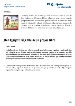 Actividades                                                El Quijote
complementarias y extraescolares                                          en el mundo

TAREA
                         Inventa y escribe un cuento que esté relacionado con la obra de
                         don Quijote en Canarias. Debes saber que este cuento tendrás
                         que presentárselo y contárselo, posteriormente, a alumnado de la
                         etapa de Educación Infantil o Educación Primaria de una escuela
                         cercana, que tu profesor te indicará, con la intención de dar a
                         conocer el libro y sus famosos personajes a su alumnado.




Don Quijote más allá de su propio libro
1) EN EL ARTE

— La inﬂuencia del Quijote no sólo se extiende por la literatura española y universal sino
  por todas las artes. De esta manera, dibujantes, pintores, escultores, artesanos... han ido
  plasmando a sus personajes desde hace más de 400 años. Ya lo dijo don Quijote en su libro:
  «Retráteme el que quisiere, pero no me maltrate». Se podría aﬁrmar que don Quijote es el
  personaje más retratado de la historia de la literatura.



— Con la ayuda de tu profesor de Historia del Arte confecciona un catálogo de imágenes ar-
  tísticas, fotos, copias de ilustraciones, pinturas, dibujos y esculturas de don Quijote para
  exponerlos en algún lugar señalado de tu centro.




                                                                                          212
 