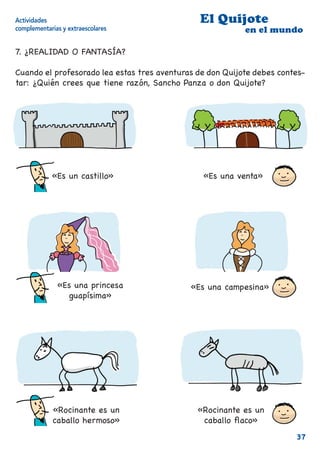 Actividades                                    El Quijote
complementarias y extraescolares                           en el mundo

7. ¿REALIDAD O FANTASÍA?

Cuando el profesorado lea estas tres aventuras de don Quijote debes contes-
tar: ¿Quién crees que tiene razón, Sancho Panza o don Quijote?




            «Es un castillo»                    «Es una venta»




              «Es una princesa               «Es una campesina»
                guapísima»




             «Rocinante es un                  «Rocinante es un
             caballo hermoso»                   caballo ﬂaco»
                                                                        37
 