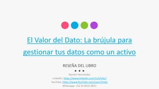 El Valor del Dato: La brújula para
gestionar tus datos como un activo
Ramón Hernández
Linkedin: https://www.linkedin.com/in/jrhdzc/
YouTube: https://www.YouTube.com/user/jrhdzc
Whatsapp: +52 55 8531 0071
RESEÑA DEL LIBRO
 