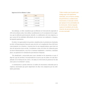 123
Ingresos de los últimos 4 años
Año (Bs)
2006 110.035
2007 141.344
2008 220.480
2009 328.000
Sin embargo, se debe considerar que la inflación en Venezuela ha superado el
20% en los últimos años. Esto influye notablemente en el crecimiento de los ingre-
sos, que la inflación prácticamente absorbe. Lo emblemático de esta empresa, es
que a pesar de las múltiples dificultades de un entorno tan cambiante y riesgoso,
ha logrado mantenerse.
El orden y la rigurosidad en la gestión y planificación, le permitieron a Katiuska
acceder al financiamiento bancario para invertir en la ampliación física del local,
concretamente en el diseño y construcción de una segunda planta, para tener un
área de iniciación al pre-escolar. Actualmente están en la fase de evaluación para
un nuevo financiamiento, cuyo fin es continuar ampliando y construir, a mediano
plazo, un gimnasio de estimulación psicomotora temprana.
“He planificado y proyectado para tener claridad en los momentos en que el
flujo de caja me permita ir incorporando los recursos que me faltan. He sido disci-
plinada con el manejo de los costos y sin duda, la reinversión de ganancias ha sido
clave para el crecimiento”, cuenta.
A continuación se puede observar el cuadro de inversiones realizadas por la
empresa, mostrando que parte importante de ellas está compuesta por las utili-
dades generadas:
“Cabe resaltar que la gente que
trabaja aquí está altamente
motivada, con un fuerte sentido
de pertenencia y colaboración,
mostrando un marcado interés
por apoyar en las actividades de
la Institución. Hemos logrado
superar el problema de la alta
rotación de personal que existe
en este mercado”.
Nueve casos de éxito de emprendedores latinoamericanos
 