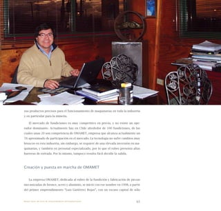 65
sus productos precisos para el funcionamiento de maquinarias en toda la industria
y en particular para la minería.
El mercado de fundiciones es muy competitivo en precio, y no existe un ope-
rador dominante. Actualmente hay en Chile alrededor de 100 fundiciones, de las
cuales unas 20 son competencia de OMAMET, empresa que alcanza actualmente un
5% aproximado de participación en el mercado. La tecnología no sufre cambios muy
bruscos en esta industria, sin embargo, se requiere de una elevada inversión en ma-
quinarias, y también en personal especializado, por lo que el rubro presenta altas
barreras de entrada. Por lo mismo, tampoco resulta fácil decidir la salida.
Creación y puesta en marcha de OMAMET
La empresa OMAMET, dedicada al rubro de la fundición y fabricación de piezas
mecanizadas de bronce, acero y aluminio, se inició con ese nombre en 1998, a partir
del primer emprendimiento “Luis Gutiérrez Rojas”, con un escaso capital de sólo
Nueve casos de éxito de emprendedores latinoamericanos
 