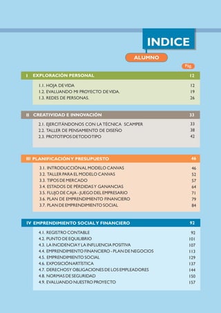 Pág.
I 12
II
33
38
42
33
III PLANIFICACIÓNY PRESUPUESTO
IV 92
INDICE
ALUMNO
EXPLORACIÓN PERSONAL
1.1. HOJA DEVIDA
1.2. EVALUANDO MI PROYECTO DEVIDA.
1.3. REDES DE PERSONAS.
12
19
26
CREATIVIDAD E INNOVACIÓN
2.1. EJERCITÁNDONOS CON LA TÉCNICA SCAMPER
2.2. TALLER DE PENSAMIENTO DE DISEÑO
2.3. PROTOTIPOS DETODOTIPO
46
52
57
64
71
79
84
3.1. INTRODUCCIÓNAL MODELO CANVAS
3.2. TALLER PARA EL MODELO CANVAS
3.3. TIPOS DE MERCADO
3.4. ESTADOS DE PÉRDIDASY GANANCIAS
3.5. FLUJO DE CAJA - JUEGO DEL EMPRESARIO
3.6. PLAN DE EMPRENDIMIENTO FINANCIERO
3.7. PLAN DE EMPRENDIMIENTO SOCIAL
46
92
101
107
113
129
137
144
150
157
4.1. REGISTRO CONTABLE
4.2. PUNTO DE EQUILIBRIO
4.3. LA INCIDENCIAY LA INFLUENCIA POSITIVA
4.4. EMPRENDIMIENTO FINANCIERO - PLAN DE NEGOCIOS
4.5. EMPRENDIMIENTO SOCIAL
4.6. EXPOSICIÓNARTÍSTICA
4.7. DERECHOSY OBLIGACIONES DE LOS EMPLEADORES
4.8. NORMAS DE SEGURIDAD
4.9. EVALUANDO NUESTRO PROYECTO
EMPRENDIMIENTO SOCIALY FINANCIERO
 