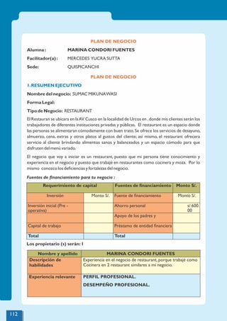 PLAN DE NEGOCIO
1.RESUMEN EJECUTIVO
Nombre del negocio: SUMAC MIKUNAWASI
Forma Legal:
Tipo de Negocio: RESTAURANT
El Restauran se ubicara en laAV.Cusco en la localidad de Urcos en ,donde mis clientes serán los
trabajadores de diferentes instituciones privadas y públicas. El restaurant es un espacio donde
las personas se alimentaran cómodamente con buen trato.Se ofrece los servicios de desayuno,
almuerzo, cena, extras y otros platos al gustos del cliente; así mismo, el restaurant ofrecera
servicio al cliente brindando alimentos sanos y balanceados y un espacio cómodo para que
disfruten del menú variado.
El negocio que voy a iniciar es un restaurant, puesto que mi persona tiene conocimiento y
experiencia en el negocio y puesto que trabajé en restaurantes como cocinera y moza. Por lo
mismo conozco los deﬁciencias y fortalezas del negocio.
Fuentes de ﬁnanciamiento para tu negocio :
Requerimiento de capital Fuentes de ﬁnanciamiento Monto S/.
Inversión Monto S/. Fuente de ﬁnanciamiento Monto S/.
Inversión inicial (Pre -
operativa)
Ahorro personal s/.600.
00
Apoyo de los padres y
Capital de trabajo Préstamo de entidad ﬁnanciera
Total Total
Los propietario (s) serán: 1
Nombre y apellido MARINA CONDORI FUENTES
Descripción de
habilidades
Experiencia en el negocio de restaurant, porque trabajé como
Cocinera en 2 restaurant similares a mi negocio.
Experiencia relevante PERFIL PROFESIONAL.
DESEMPEÑO PROFESIONAL.
PLAN DE NEGOCIO
Alumna : MARINA CONDORI FUENTES
Facilitador(a) : MERCEDES YUCRA SUTTA
Sede: QUISPICANCHI
112
 