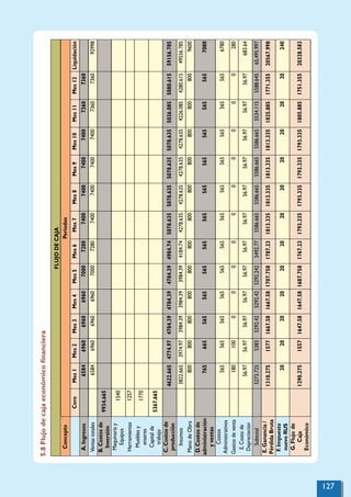 FLUJO
DE
CAJA
Concepto
Periodos
Cero
Mes
1
Mes
2
Mes
3
Mes
4
Mes
5
Mes
6
Mes
7
Mes
8
Mes
9
Mes
10
Mes
11
Mes
12
Liquidación
A.
Ingresos
6584
6960
6960
6960
7000
7280
7400
7400
7400
7400
7360
7360
Ventas
totales
6584
6960
6960
6960
7000
7280
7400
7400
7400
7400
7360
7360
92998
B.
Costos
de
Inversión
9934.665
Maquinaria
y
Equipos
1540
Herramientas
1257
Muebles
y
enseres
1770
Capital
de
trabajo
5367.665
C.
Costos
de
producción
4622.665
4774.97
4784.39
4784.39
4784.39
4984.74
5078.635
5078.635
5078.635
5078.635
5026.085
5080.615
59156.785
Insumos
3822.665
3974.97
3984.39
3984.39
3984.39
4184.74
4278.635
4278.635
4278.635
4278.635
4226.085
4280.615
49556.785
Mano
de
Obra
800
800
800
800
800
800
800
800
800
800
800
800
9600
D.
Costos
de
administración
y
ventas
765
665
565
565
565
565
565
565
565
565
565
565
7080
Costos
Administrativos
565
565
565
565
565
565
565
565
565
565
565
565
6780
Gastos
de
venta
180
100
0
0
0
0
0
0
0
0
0
0
280
E.
Costo
de
Depreciación
56.97
56.97
56.97
56.97
56.97
56.97
56.97
56.97
56.97
56.97
56.97
56.97
683.64
Subtotal
5273.725
5383
5292.42
5292.42
5292.242
5492.77
5586.665
5586.665
5586.665
5586.665
5534.115
5588.645
65,495.997
E.
Ganancia
/
Pérdida
Bruta
1310.275
1577
1667.58
1667.58
1707.758
1787.23
1813.335
1813.335
1813.335
1813.335
1825.885
1771.355
20567.998
F.
Impuesto
nuevo
RUS
20
20
20
20
20
20
20
20
20
20
20
20
240
G.
Flujo
de
Caja
Económico
1290.275
1557
1647.58
1647.58
1687.758
1767.23
1793.335
1793.335
1793.335
1793.335
1805.885
1751.355
20328.583
5.8
Flujo
de
caja
económico
ﬁnanciera
127
 