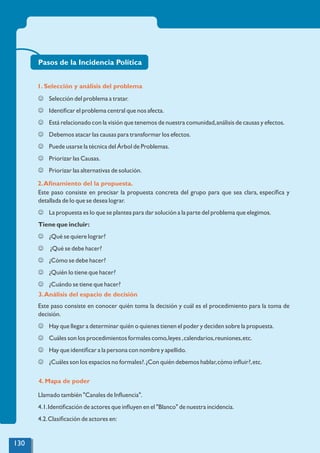 J Selección del problema a tratar.
J Identiﬁcar el problema central que nos afecta.
J Está relacionado con la visión que tenemos de nuestra comunidad,análisis de causas y efectos.
J Debemos atacar las causas para transformar los efectos.
J Puede usarse la técnica del Árbol de Problemas.
J Priorizar las Causas.
J Priorizar las alternativas de solución.
Pasos de la Incidencia Política
1. Selección y análisis del problema
Este paso consiste en precisar la propuesta concreta del grupo para que sea clara, especíﬁca y
detallada de lo que se desea lograr.
J La propuesta es lo que se plantea para dar solución a la parte del problema que elegimos.
Tiene que incluir:
J ¿Qué se quiere lograr?
J ¿Qué se debe hacer?
J ¿Cómo se debe hacer?
J ¿Quién lo tiene que hacer?
J ¿Cuándo se tiene que hacer?
2.Aﬁnamiento del la propuesta.
Este paso consiste en conocer quién toma la decisión y cuál es el procedimiento para la toma de
decisión.
J Hay que llegar a determinar quién o quienes tienen el poder y deciden sobre la propuesta.
J Cuáles son los procedimientos formales como,leyes ,calendarios,reuniones,etc.
J Hay que identiﬁcar a la persona con nombre y apellido.
J ¿Cuáles son los espacios no formales?.¿Con quién debemos hablar,cómo inﬂuir?,etc.
3.Análisis del espacio de decisión
4. Mapa de poder
Llamado también "Canales de Inﬂuencia".
4.1.Identiﬁcación de actores que inﬂuyen en el "Blanco" de nuestra incidencia.
4.2.Clasiﬁcación de actores en:
130
 