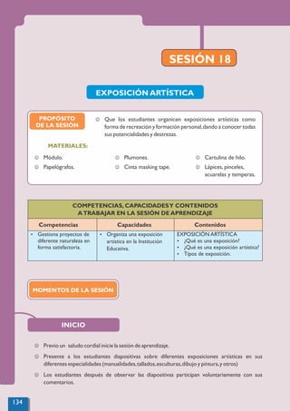 SESIÓN 18
COMPETENCIAS, CAPACIDADESY CONTENIDOS
ATRABAJAR EN LA SESIÓN DE APRENDIZAJE
Competencias Capacidades Contenidos
Ÿ Gestiona proyectos de
diferente naturaleza en
forma satisfactoria.
Ÿ Organiza una exposición
artística en la Institución
Educativa.
EXPOSICIÓN ARTÍSTICA
Ÿ ¿Qué es una exposición?
Ÿ ¿Qué es una exposición artística?
Ÿ Tipos de exposición.
EXPOSICIÓN ARTÍSTICA
J Previo un saludo cordial inicie la sesión de aprendizaje.
J Presente a los estudiantes diapositivas sobre diferentes exposiciones artísticas en sus
diferentes especialidades (manualidades,tallados,esculturas,dibujo y pintura,y otros)
J Los estudiantes después de observar las diapositivas participan voluntariamente con sus
comentarios.
INICIO
MATERIALES:
J Módulo.
J Papelógrafos.
J Plumones.
J Cinta masking tape.
J Cartulina de hilo.
J Lápices, pinceles,
acuarelas y temperas.
J Que los estudiantes organicen exposiciones artísticas como
forma de recreación y formación personal,dando a conocer todas
sus potencialidades y destrezas.
PROPÓSITO
DE LA SESIÓN
MOMENTOS DE LA SESIÓN
134
 