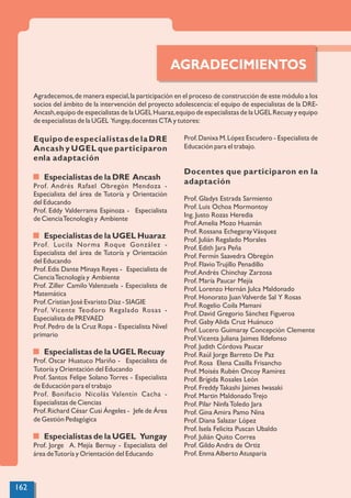 AGRADECIMIENTOS
162
Agradecemos,de manera especial,la participación en el proceso de construcción de este módulo a los
socios del ámbito de la intervención del proyecto adolescencia: el equipo de especialistas de la DRE-
Ancash,equipo de especialistas de la UGEL Huaraz,equipo de especialistas de la UGEL Recuay y equipo
de especialistas de la UGEL Yungay,docentes CTA y tutores:
Prof.Danixa M.López Escudero - Especialista de
Educación para el trabajo.
Docentes que participaron en la
adaptación
Prof. Gladys Estrada Sarmiento
Prof. Luis Ochoa Mormontoy
Ing. Justo Rozas Heredia
Prof.Amelia Mozo Huamán
Prof. Rossana EchegarayVásquez
Prof. Julián Regalado Morales
Prof. Edith Jara Peña
Prof. Fermín Saavedra Obregón
Prof. Flavio Trujillo Penadillo
Prof.Andrés Chinchay Zarzosa
Prof. María Paucar Mejía
Prof. Lorenzo Hernán Julca Maldonado
Prof. Honorato JuanValverde Sal Y Rosas
Prof. Rogelio Coila Mamani
Prof. David Gregorio Sánchez Figueroa
Prof. Gaby Alida Cruz Huánuco
Prof. Lucero Guimaray Concepción Clemente
Prof.Vicenta Juliana Jaimes Ildefonso
Prof. Judith Córdova Paucar
Prof. Raúl Jorge Barreto De Paz
Prof. Rosa Elena Casilla Frisancho
Prof. Moisés Rubén Oncoy Ramírez
Prof. Brígida Rosales León
Prof. Freddy Takashi Jaimes Iwasaki
Prof. Martin Maldonado Trejo
Prof. Pilar Ninfa Toledo Jara
Prof. Gina Amira Pamo Nina
Prof. Diana Salazar López
Prof. Isela Felicita Puscan Ubaldo
Prof. Julián Quito Correa
Prof. Gildo Andra de Ortiz
Prof. Enma Alberto Atusparia
EquipodeespecialistasdelaDRE
Ancash y UGEL que participaron
enla adaptación
Especialistas de la DRE Ancash
Prof. Andrés Rafael Obregón Mendoza -
Especialista del área de Tutoría y Orientación
del Educando
Prof. Eddy Valderrama Espinoza - Especialista
de CienciaTecnología y Ambiente
Especialistas de la UGEL Huaraz
Prof. Lucila Norma Roque González -
Especialista del área de Tutoría y Orientación
del Educando
Prof.Edis Dante Minaya Reyes - Especialista de
CienciaTecnología y Ambiente
Prof. Ziller Camilo Valenzuela - Especialista de
Matemática
Prof.Cristian José Evaristo Díaz - SIAGIE
Prof. Vicente Teodoro Regalado Rosas -
Especialista de PREVAED
Prof.Pedro de la Cruz Ropa - Especialista Nivel
primario
Especialistas de la UGEL Recuay
Prof. Oscar Huatuco Mariño - Especialista de
Tutoría y Orientación del Educando
Prof. Santos Felipe Solano Torres - Especialista
de Educación para el trabajo
Prof. Bonifacio Nicolás Valentín Cacha -
Especialistas de Ciencias
Prof.Richard César Cusi Ángeles - Jefe de Área
de Gestión Pedagógica
Especialistas de la UGEL Yungay
Prof. Jorge A. Mejía Bernuy - Especialista del
área deTutoría y Orientación del Educando
 