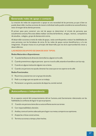 La creación de redes de cooperación o apoyo es una necesidad de las personas, ya que si bien se
puede desarrollar muchas acciones de manera individual nadie puede considerarse autosuﬁciente y
estar al margen de las demás personas.
El primer paso para construir una red de apoyo es determinar el círculo de personas que
actualmente conoces.Para esto debes realizar una lista de familiares, amigos, vecinos, compañeros
de estudios, colegios, grupo de danzas entre otros.
Al desarrollar acciones a través de redes de apoyo, estás contribuyendo a reducir las debilidades de
unas personas con las fortalezas de otras. En las redes de apoyo somos beneﬁciarios y a la vez
integrantes. El apoyo mutuo es un principio del desarrollo,que nos da la oportunidad de crecer y
desarrollarnos.
LAS REDES DEAPOYO SE DAN DE DOS TIPOS:
Redes Naturales o Espontáneas:
J Cuando facilitamos la dirección domiciliaria a alguien en la calle.
J Cuando prevenimos a alguna persona que no cruce la calle,estando el semáforo con luz roja.
J Cuando en alguna institución alguien nos orienta.
J Cuando una persona nos ayuda a levantar las cosas que se nos cayeron en la calle
Redes Funcionales:
J Reunirnos y asociarnos con un grupo de estudio.
J Pedir a un amigo que nos ayude con un trabajo.
J Pertenecer a un gremio, asociación de deporte,comité vecinal.
Generando redes de apoyo o contacto
Autoconﬁanza e independencia
Es un aspecto central del comportamiento del ser humano, está fuertemente relacionada con las
habilidades,la conﬁanza de lograr lo que se propone.
J Cuando una persona tiene alta su autoconﬁanza asume sus tareas:
J Con responsabilidad y decisión.
J Analiza y toma el camino adecuado para lograr sus metas,comparte sus opiniones.
J Acepta las críticas constructivas.
J Termina sus tareas a tiempo y bien hechas.
27
 