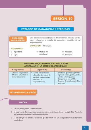 SESIÓN 10
INICIO
ESTADOS DE GANANCIASY PÉRDIDAS
J Dar un saludo previo,a los estudiantes.
J Se les presenta dos imágenes,una que represente ganancia de dinero y otra pérdida. Y se indica
que observen en silencio y analicen las imágenes.
J Se les entrega dos tarjetas y se solicita que describan con una sola palabra lo que representa
cada imágen.
COMPETENCIAS, CONTENIDOSY CAPACIDADES
ATRABAJAR EN LA SESIÓN DE APRENDIZAJE
Competencia Capacidades Contenidos
Ÿ Gestiona proyectos de
diferente naturaleza en
forma satisfactoria.
Ÿ Analiza los resultados
obtenidos del estado de
perdidas y ganancias en
relación a su
emprendimiento.
Ÿ Estado de ganancias y pérdidas
Ÿ Ingresos, costos, gastos, utilidad,
utilidad neta, impuestos.
Ÿ Categoría de nuevo RUS.
Ÿ Esquema de estado de pérdidas y
ganancias.
PROPÓSITO
DE LA SESIÓN
90 minutos.
MATERIALES:
DURACIÓN:
J Papel bond.
J Lápiz.
J Módulo del
estudiante.
J Papelotes.
J Plumones.
Que los estudiantes establezcan la diferencia entre utilidad y utilidad
neta y elaboren su estado de ganancias y pérdidas de su
emprendimiento.
MOMENTOS DE LA SESIÓN
61
 