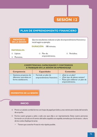 SESIÓN 12
INICIO
COMPETENCIAS, CAPACIDADESY CONTENIDOS
ATRABAJAR EN LA SESIÓN DE APRENDIZAJE
Competencia Capacidades Contenidos
Ÿ Gestiona proyectos de
diferente naturaleza en
forma satisfactoria.
Ÿ Formula un plan de
emprendimiento ﬁnanciero.
Ÿ ¿Qué es un plan?
Ÿ ¿Qué tipo de planes existen?
Ÿ Pasos para elaborar un plan de
emprendimiento.
PLAN DE EMPRENDIMIENTO FINANCIERO
J Previo un saludo cordial,forme con hojas de papel periódico,unas veinticuatro bolas del tamaño
de un puño.
J Forme cuatro grupos y pida a cada uno que elija a un representante. Estas cuatro personas
formarán un círculo en el centro del salón,espalda con espalda,tomados por los brazos a altura
de los codos.Explique la tarea:
F Tienen que cosechar frutas lo más rápido posible.
PROPÓSITO
DE LA SESIÓN
180 minutos.
MATERIALES:
DURACIÓN:
J Lápices.
J Plumones.
J Plan de.
emprendimiento.
J Periódico.
Que los estudiantes redacten en plan de emprendimiento ﬁnanciero y
social según su ejemplo.
MOMENTOS DE LA SESIÓN
75
 