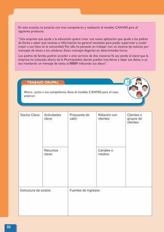 80
En esta ocasión, te juntarás con tres compañeros y realizarán el modelo CANVAS para el
siguiente producto:
“Una empresa que ayuda a la educación quiere crear una nueva aplicación que ayude a los padres
de famiia a saber que noticias e información en general necesitan para poder supervisar y cuidar
mejor a sus hijos en la comunidad. Por ello ha pensado en trabajar con un sistema de noticias por
mensajes de texto a los celulares. Estos mensajes llegarían en determinadas horas.
Los padres de familia podrán acceder a este servicio de dos maneras:Ya sea yendo al stand que la
empresa ha colocado afuera de la Municipalidad, donde pueden inscribirse y dejar sus datos; o ya
sea mandando un mensaje de texto al 88889 indicando sus datos”.
Socios Clave: Actividades
clave:
Propuesta de
valor:
Relación con
clientes:
Clientes o
grupos de
clientes:
Recursos
clave:
Canales o
medios:
Estructura de costos: Fuentes de ingresos:
TRABAJO GRUPAL
Ahora , junto a tus compañeros, llena el modelo CANVAS para el caso
anterior:
 