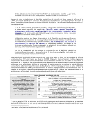 11




           de los Estados es una competencia “transferible” de la República a aquéllos –y, por tanto,
           reversible-, en contra de la letra clara y expresa del artículo 164.10 constitucional”.

A pesar de estas contradicciones, la Asamblea prosiguió con la intención de llevar a cabo la reforma de la
LODDT, tomando lo dictado en la sentencia. Pocos días después de haberla aprobado en primera discusión, la
misma Asamblea acordó suspender por tiempo indefinido el proyecto. Los artículos que se proponía introducir,
eran los siguientes9:

           "A fin de tutelar el interés general de la sociedad y salvaguardar el patrimonio de la República,
           el poder público nacional, por órgano del Ejecutivo, podrá revertir conforme al
           ordenamiento jurídico las transferencias de las competencias concedidas a los
           estados para la conservación, administración y aprovechamiento de los bienes o servicios
           considerados de interés público general”.

           "El Ejecutivo nacional, por órgano del presidente de la República, en Consejo de Ministros,
           podrá decretar la intervención de bienes y prestaciones de servicios públicos transferidos para
           su conservación, administración y aprovechamiento, a fin de asegurar a los usuarios y
           consumidores un servicio de calidad en condiciones idóneas y de respeto a los
           derechos constitucionales, fundamentales para la satisfacción de necesidades públicas de
           alcance e influencia en diversos aspectos de la sociedad".

           "Es de la competencia de los estados en coordinación con el Ejecutivo nacional la
           conservación, administración y aprovechamiento de carreteras y autopistas nacionales, así
           como puertos y aeropuertos de uso comercial".

Haber paralizado la discusión en ese momento, así como otras leyes en línea con la propuesta de reforma
constitucional de 2007, no impidió que durante el 2008 el Ejecutivo Nacional aplicara medidas legales de
centralización, afectando fundamentalmente a los estados. Entre las medidas más discutidas se encuentran: la
eliminación de 42 peajes en todo el territorio nacional, la adscripción al Ministerio de Educación de organismos
autónomos como la Fundación del Niño, la eliminación de las competencias en materia de policía al Distrito
Metropolitano, la transferencia al Ministerio de Salud de los establecimientos y servicios de salud del Distrito
Metropolitano de Caracas (DMC) y de la Gobernación de Miranda; agregando en el caso específico del DMC, la
creación de la Comisión Presidencial de Planes y Proyectos para la Gran Caracas, que puede centralizar en el
Ministerio para la Vivienda la ejecución de todos los planes de desarrollo urbanístico.

                                                             Leyes y Decretos de Centralización, 2007-2008
                 Comisión Central de Planificación                 2007                         Decreto Ley que Crea la Comisión Central de Planificación
    Administración Pública Nacional Centralizada y Autoridades
                                                                   2008                   Decreto Ley que Reforma la Ley Orgánica de la Administración Pública
                            Regionales
    Nueva Estructura Territorial y Administraciones Estadales y                                        Ley Orgánica para la Ordenación y Gestión del
                                                                   2008
      Municipales bajo directrices de Autoridades Regionales              Territorio, que deroga la Ley de Planificación y Gestión del Territorio (aprobada en Primera Discusión)
         Milicia Nacional Bolivariana y Regiones Militares         2008                            Ley Orgánica de la Fuerza Armada Nacional Bolivariana
     Estructura agrícola territorializada y Acceso a Alimentos     2008                              Ley Orgánica de Seguridad y Soberanía Alimentaria
       Alimentos, bienes y servicios de primera necesidad          2008                    Ley para la Defensa de las Personas en el Acceso a Bienes y Servicios
               Adscripción de la Fundación del Niño                2007                   Decreto que adscribe la Fundación del Niño al Ministerio para la Educación
      Eliminación de Policías en los Distritos Metropolitanos      2008                                             Ley de Policía Nacional
                      Eliminación de Peajes                        2008                       Decretos para la Eliminación de 42 Peajes en el territorio nacional
        Planes y Proyectos Urbanos para la Gran Caracas            2008            Decreto que crea la Comisión Presidencial de Planes y Proyectos para la Gran Caracas
                                                                                                     Decreto que crea el Sistema Metropolitano de Salud
                                                                                                     Decreto que transfiere al Ministerio para la Salud los
            Reversión de las Transferencias en Salud               2008      establecimientos de atención médica adscritos a la Alcaldía del Distrito Metropolitano de Caracas
                                                                           Decreto que transfiere al Ministerio para la Salud los establecimientos y unidades móviles de atención
                                                                                            médica, adscritos a la Gobernación del Estado Bolivariano de Miranda


En marzo del año 2009, la reforma a la LODDT entró nuevamente en la agenda legislativa de la Asamblea
Nacional. El 12 de marzo de este año, la Asamblea aprobó la reforma en segunda discusión, dejando por fuera

9
    Radio Nacional En: http://www.rnv.gov.ve/noticias/index.php?act=ST&f=2&t=65641
 