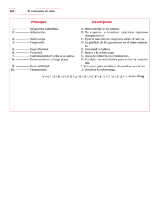 100

El entrenador de éxito

Principio
1. ————— Respuesta Individual.
2. ————— Adaptación.
3. ————— Sobrecarga.
4. ————— Progresión.
5. ————— Especificidad.
6. ————— Variedad.
7. ————— Calentamiento/vuelta a la calma.
8. ————— Entrenamiento a largo plazo.
9. ————— Reversibilidad.
10. ————— Preparación.

Descripción
A. Maduración de los atletas.
B. No empezar, o terminar, ejercicios vigorosos
abruptamente.
C. Ejercer una mayor exigencia sobre el cuerpo.
D. La pérdida de las ganancias en el entrenamiento.
E. Unicidad del atleta.
F. Ajuste a la sobrecarga.
G. Años de esfuerzo en rendimiento.
H. Cambiar las actividades para evitar la monotonía.
I. Entrenar para satisfacer demandas concretas.
J. Dosificar la sobrecarga.

Respuestas: 1 = E; 2 = F; 3 = C; 4 = J; 5 = I; 6 = H; 7 = B; 8 = G; 9 = D; 10 = A

 