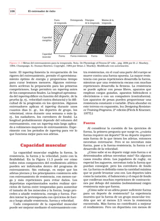 El entrenador de éxito

Capacidad
muscular

Fuerza

Principios
Máximo de la
de la temporada temporada

Fuerza-resistencia

Fuerza

Velo
cida
d

Pretemporada

Fue
rza

Capacidad
energética

Aer
óbi
ca

Fuera
de temporada

Ana
er
Ana óbica
eró
bica

108

Velocidad

Figura 11.3 Metas del entrenamiento para la temporada. Nota. De Physiology of Fitness (2ª edic., pág. 209) por B: J. Sharkey,
1984, Champaign, IL: Human Kinetics. Copyright, 1984 por Brian J. Sharkey. Modificado con autorización.

tante. El tapering fomenta la recuperación de los
rigores del entrenamiento, permite el aprovisionamiento óptimo de energía y proporciona tiempo
para curar lesiones menores. Algunos entrenadores aceleran la preparación para las primeras
competiciones, luego permiten un tapering antes
de los campeonatos finales. La longitud aproximada del tapering difiere en función del deporte, de la
prueba (p. ej., velocidad contra distancia) y la dificultad de la progresión en los ejercicios. Algunos
entrenadores aplican el tapering durante unos
cuantos días (v. gr., los deportes de grupo, los
velocistas), otros durante una semana o más (p.
ej., los nadadores, los corredores de fondo). La
longitud probablemente depende del volumen del
entrenamiento, con un tapering más largo aplicado a volúmenes mayores de entrenamiento. Experimente con los periodos de tapering para ver lo
que funciona mejor para sus atletas.

Capacidad muscular
La capacidad muscular engloba la fuerza, la
resistencia, la fuerza y la velocidad, junto con la
flexibilidad. En la Figura 11.3 puede ver cómo
todos estos componentes del rendimiento atlético
pueden ser imbricados dentro del programa de
entrenamiento. Sin embargo, es mejor que los
atletas jóvenes y los principiantes comiencen sólo
con entrenamiento de resistencia, con menos carga y más repeticiones para evitar daños. Los
deportistas experimentados suelen realizar ejercicios de fuerza entre temporadas para aumentar
el tamaño de los músculos y la fuerza, luego proceden a añadir resistencia, energía y fuerza. Pueden iniciar la pretemporada con ejercicios de fuerza y luego añadir resistencia, fuerza y velocidad.
Cada componente de la capacidad muscular
puede ser mejorar mediante el entrenamiento con-

tra resistencias, en el cual una parte del cuerpo se
mueve contra una fuerza opuesta. La mayor resistencia con pocas repeticiones desarrolla la fuerza,
mientras que una resistencia escasa con muchas
repeticiones desarrolla la firmeza. La resistencia
se puede aplicar con pesas libres, aparatos que
emplean cargas guiadas, aparatos hidráulicos o
electrónicos o con un compañero (contrafuerza).
Los aparatos de pesas pueden proporcionar una
resistencia constante o variable. (Para abundar en
este terreno en expansión, lea Designing Resístance Training Programs, 2ª edición [Fleck & Kraemer,
1977].)

Fuerza
Al considerar la cuestión de los ejercicios de
fuerza, la primera pregunta que surge es, ¿cuánta
fuerza requiere mi deporte? Si su deporte requiere
más fuerza de la que tienen los atletas, entonces
necesitan entrenarse. Pero si no necesitan más
fuerza, pase a la fuerza-resistencia, la fuerza o el
desarrollo de la velocidad.
¿Cómo sabe si su deporte exige más fuerza o si
determinados atletas necesitan más? En algunos
casos resulta obvio. Los jugadores de rugby, en
especial los zagueros, necesitan toda la fuerza que
puedan conseguir, pero los corredores de fondo
no. La fuerza es definida como la cantidad máxima
que se puede levantar una vez. Los deportes tales
como la natación, el baloncesto y el esquí de fondo
que conllevan muchas repeticiones de contracciones por debajo del máximo (submáximas) exigen
resistencia más que fuerza.
¿Cómo sabe si un atleta posee suficiente fuerza
para un deporte de resistencia? La experiencia
muestra que la fuerza de un grupo muscular tendría que ser al menos 2,5 veces la resistencia
encontrada. Más fuerza no contribuirá a mejorar
el rendimiento. Pero un deportista con menos de

 