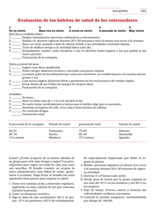 Auto-gestión

193

Evaluación de los hábitos de salud de los entrenadores
1
2
3
4
5
No es cierto
Rara vez es cierto
A veces es cierto
A menudo es cierto Muy cierto
Ejercicio y condición física
1. _______ Realizo normalmente ejercicios calisténicos y estiramientos.
2. _______ Realizo un ejercicio vigoroso durante 20 ó 30 minutos o más al menos tres veces a la semana.
3. _______ Rara vez estoy cansado o falto de aliento debido a las actividades normales diarias.
4. _______ Trato de dedicar tiempo a la actividad física cada día.
5. _______ Normalmente camino, subo escaleras o voy en bicicleta hasta lugares a los que podría ir sin
hacer ejercicio.
_______ Puntuación de la categoría.
Dieta y control del peso
1. _______ Ingiero una dieta equilibrada.
2. _______ Suelo escoger alimentos frescos y naturales con pocas calorías.
3. _______ La mayor parte de los alimentos que como son nutritivos, no comida basura con mucha azúcar,
grasas y sal.
4. _______ Casi nunca ingiero alimentos fritos y grasientos en los restaurantes de comida rápida.
5. _______ Estoy dentro de los 5 kilos de margen de mi peso ideal.
_______ Puntuación de la categoría.
Añadidos
1. _______ No fumo.
2. _______ Rara vez bebo más de 1 ó 2 cl de alcohol al día.
3. _______ No suelo tomar medicamentos a menos que el médico diga que es necesario.
4. _______ Restrinjo mi ingesta de café, coca-cola y otras fuentes de cafeína.
5. _______ No consumo drogas.
_______ Puntuación total.

Puntuación de la categoría

Estado de salud

puntuación total

Estado de salud

25-21
20-16
15 ó menos

Fantástico
Bueno
Mediocre

75-63
62-48
47 ó menos

Robusto
Razonable
Agotado

fumar? ¿Puede ocuparse de sí mismo además de
su grupo para vivir más tiempo y mejor? Las prescripciones para lograr un estilo de vida más sano
son sencillas. El desafío consiste en aceptar la
tarea administrativa más difícil de todas: gestionarse a sí mismo. Haga frente al desafío con éxito
siguiendo estas pautas para mejorar la salud:
1. Tome tres comidas al día a intervalos regulares,
ingiriendo no más calorías de las que consume
durante la jornada.
2. Tome un desayuno nutritivo.
3. Siga la dieta de alto rendimiento: 20 % de grasas, 15 % de proteínas y 65 % de carbohidratos.

Es especialmente importante que limite la ingesta de grasas.
4. Realice ejercicios regulares al menos tres veces
a la semana durante 20 ó 30 minutos de vigorosa actividad.
5. Duerma 7 u 8 horas cada noche.
6. Pierda peso de forma que la grasa corporal no
sea más del 19 % en los hombres y del 25 % en
las mujeres.
7. Deje de fumar. Provoca cáncer y fomenta las
enfermedades cardiacas coronarias.
8. Controle la presión sanguínea, manteniéndola
por debajo de 140/90.

 