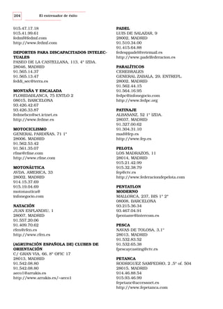 204

El entrenador de éxito

915.47.17.18
915.41.99.61
fedmf@fedmf.com
http://www.fedmf.com
DEPORTES PARA DISCAPACITADOS INTELECTUALES
PASEO DE LA CASTELLANA, 113, 4º IZDA.
28046, MADRID
91.565.14.37
91.565.13.47
feddi_sec@terra.es
MONTAÑA Y ESCALADA
FLORIDABLANCA, 75 ENTLO 2
08015, BARCELONA
93.426.42.67
93.426.33.87
fedmebcn@sct.ictnet.es
http://www.fedme.es
MOTOCICLISMO
GENERAL PARDIÑAS, 71 1º
28006, MADRID
91.562.53.42
91.561.35.07
rfme@rfme.com
http://www.rfme.com
MOTONÁUTICA
AVDA. AMERICA, 33
28002, MADRID
914.15.37.69
915.19.04.69
motonautica@
infonegocio.com
NATACIÓN
JUAN ESPLANDIU, 1
28007, MADRID
91.557.20.06
91.409.70.62
rfen@rfen.es
http://www.rfen.es
(AGRUPACIÓN ESPAÑOLA DE) CLUBES DE
ORIENTACIÓN
C/ GRAN VIA, 66, 8º OFIC 17
28013, MADRID
91.542.08.80
91.542.08.80
aeco1@arrakis.es
http://www.arrakis.es/~aeco1

PADEL
LUIS DE SALAZAR, 9
28002, MADRID
91.510.34.00
91.415.64.88
fedesppadel@retemail.es
http://www.padelfederacion.es
PARALÍTICOS
CEREBRALES
GENERAL ZABALA, 29, ENTREPL.
28002, MADRID
91.562.44.15
91.564.16.95
fedpc@infonegocio.com
http://www.fedpc.org
PATINAJE
ALBASANZ, 52 1º IZDA.
28037, MADRID
91.327.00.62
91.304.31.10
mad@fep.es
http://www.fep.es
PELOTA
LOS MADRAZOS, 11
28014, MADRID
915.21.42.99
915.32.38.79
fep@ctv.es
http://www.federaciondepelota.com
PENTATLON
MODERNO
MALLORCA, 237, BIS 1º 2ª
08008, BARCELONA
93.215.36.34
93.467.04.91
fpentamv@intercom.es
PESCA
NAVAS DE TOLOSA, 3,1º
28013, MADRID
91.532.83.52
91.532.65.38
fpescaycasting@ctv.es
PETANCA
RODRIGUEZ SAMPEDRO, 2 ,5º of. 504
28015, MADRID
914.46.88.54
915.93.46.99
fepetanc@accessnet.es
http://www.fepetanca.com

 