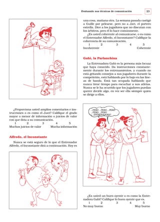 Evaluando sus técnicas de comunicación

23

una cosa, mañana otra. La semana pasada castigó
a Guille por pelearse, pero no a Javi, el portero
estrella. Dice a los jugadores que no discutan con
los árbitros, pero él lo hace comúnmente.
¿Es usted coherente al comunicarse, o es como
el Entrenador Alfredo, el Inconstante? Califique la
coherencia de su comunicación.
1
2
3
4
5
Incoherente
Coherente

Gabi, la Parlanchina
La Entrenadora Gabi es la persona más locuaz
que haya conocido. Da instrucciones constantemente durante los entrenamientos, y cuando no
está gritando consejos a sus jugadores durante la
competición, está hablando por lo bajo en las líneas de banda. Está tan ocupada hablando que
nunca tiene tiempo para escuchar a sus atletas.
Nunca se le ha ocurrido que los jugadores puedan
querer decirle algo, en vez ser ella siempre quien
se dirige a ellos.

¿Proporciona usted amplios comentarios e instrucciones o es como el Juez? Califique el grado
mayor o menor de información o juicios de valor
con que dota a su comunicación.
1
2
3
4
5
Muchos juicios de valor
Mucha información

...PERO ...PERO ...PERO
...PERO ...PERO
¿...ENTRENADORA?

Alfredo, el Inconstante
Nunca se está seguro de lo que el Entrenador
Alfredo, el Inconstante dirá a continuación. Hoy es

¿Es usted un buen oyente o es como la Entrenadora Gabi? Califique lo buen oyente que es.
1
2
3
4
5
No muy bueno
Muy bueno

 