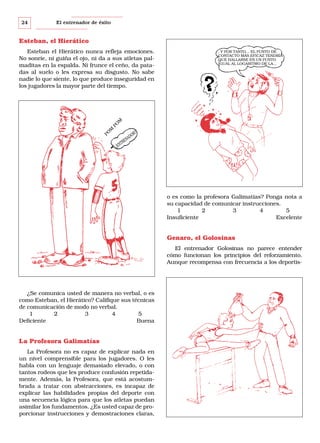 24

El entrenador de éxito

Esteban, el Hierático
. Y POR TANTO... EL PUNTO DE
CONTACTO MÁS EFICAZ TENDRÍA
QUE HALLARSE EN UN PUNTO
IGUAL AL LOGARITMO DE LA...

PO
M

PO
M

Esteban el Hierático nunca refleja emociones.
No sonríe, ni guiña el ojo, ni da a sus atletas palmaditas en la espalda. Ni frunce el ceño, da patadas al suelo o les expresa su disgusto. No sabe
nadie lo que siente, lo que produce inseguridad en
los jugadores la mayor parte del tiempo.

R?
DO
NA
RE
NT
¿E

o es como la profesora Galimatías? Ponga nota a
su capacidad de comunicar instrucciones.
1
2
3
4
5
Insuficiente
Excelente

Genaro, el Golosinas
El entrenador Golosinas no parece entender
cómo funcionan los principios del reforzamiento.
Aunque recompensa con frecuencia a los deportis-

¿Se comunica usted de manera no verbal, o es
como Esteban, el Hierático? Califique sus técnicas
de comunicación de modo no verbal.
1
2
3
4
5
Deficiente
Buena

La Profesora Galimatías
La Profesora no es capaz de explicar nada en
un nivel comprensible para los jugadores. O les
habla con un lenguaje demasiado elevado, o con
tantos rodeos que les produce confusión repetidamente. Además, la Profesora, que está acostumbrada a tratar con abstracciones, es incapaz de
explicar las habilidades propias del deporte con
una secuencia lógica para que los atletas puedan
asimilar los fundamentos. ¿Es usted capaz de proporcionar instrucciones y demostraciones claras,

 