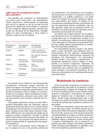 38

El entrenador de éxito

¿Qué tipo de recompensa tendría
que conceder?
Los premios que ocasionan el reforzamiento
son únicos para cada atleta. Los entrenadores
suelen equivocarse seleccionando recompensas
que son de su agrado en vez de las que son del
gusto de los deportistas. En la Tabla 5.1, enumero
en tres categorías algunos premios comunes que
suelen ser del gusto de los deportistas. Averigüe
cuáles de estas recompensas y otras vienen a
reforzar a cada uno de sus atletas.

Tabla 5.1 Recompensas extrínsecas
Recompensas
Tangibles

Recompensas
personales

Recompensas
en actividades

Trofeos

Elogios

Jugar un partido en
vez de hacer ejercicios

Medallas

Sonrisas

Ser capaz de continuar
jugando

Cintas

Expresiones
de aprobación

Viajar para jugar
contra otro grupo

Pegatinas

Palmaditas
en la espalda

Salir a
descansar

Dinero

Publicidad

Cambiar de posición
con otros jugadores

Camisetas

Expresiones
de interés

con preferencia a los extrínsecos. Las recompensas intrínsecas se nutren a sí mismas, es decir, la
satisfacción y el orgullo conducen a un deseo
mayor de triunfar sin premio extrínseco alguno.
Los entrenadores que ponen el énfasis en las
recompensas extrínsecas pueden encontrarse con
que los deportistas quieren cantidades cada vez
más grandes, hasta que la demanda excede a la
provisión. Los trofeos pueden ser grandes; el reconocimiento social puede ser enorme.
Los atletas que juegan sólo por las recompensas extrínsecas rara vez mantienen la motivación
a largo plazo que se necesita para triunfar en el
deporte. Los atletas que disfrutan más del deporte
y que sobresalen en él durante un período de tiempo más amplio poseen primariamente la motivación de los premios intrínsecos.
Los entrenadores pueden ayudar a los deportistas a estar motivados más intrínseca que extrínsecamente de dos maneras. Administrando
premios intrínsecos eficientemente mediante los
principios del reforzamiento, los entrenadores
pueden ayudar a los atletas a experimentar recompensas intrínsecas como la alegría, la satisfacción y el sentirse competente. Asimismo, los
entrenadores deberían ayudar a los deportistas a
comprender que, mientras que es agradable hacerse acreedor a los premios extrínsecos, los intrínsecos relacionados con la participación poseen
una valía mayor.

Modelando la conducta
Los premios de la Tabla 5.1 son denominados
recompensas extrínsecas porque proceden de
usted o de alguna otra fuente externa. La mayoría
de los deportistas responden positivamente a los
premios extrínsecos como el elogio y el reconocimiento de sus logros. Estas recompensas constituyen reforzamientos poderosos que puede utilizar diestramente para modelar y motivar las conductas.
Otro grupo de premios, aunque no están directamente disponibles para ser utilizados, ejercen
igualmente poderosos efectos en los atletas. Estas
recompensas son intrínsecas a la práctica del deporte. Incluyen cosas tales como el sentirse triunfante, disfrutar de una sensación de orgullo por la
hazaña y sentirse competente. Aunque no pueda
ofrecer directamente estos premios a los atletas, al
minusvalorar o no reconocer sus logros puede negarles la oportunidad de experimentar recompensas intrínsecas.
Los buenos entrenadores hacen hincapié en
que se juegue de cara a los premios intrínsecos

¿Cómo se puede recompensar la conducta si el
comportamiento adecuado no se produce? ¿Cómo
se puede premiar el golpeo de la bola por encima
de la red si aquélla nunca la cruza? Piense modestamente al principio y recompense los primeros
signos de conducta que se aproximen a lo que
desea. Premie luego aproximaciones más y más
cercanas a la conducta deseada. En breve, emplee
su poder de premiar para modelar la conducta a la
que aspira.
Si estuviera enseñando a niños que tienen miedo al agua para nadar, no debería esperar que se
tirasen por el lado más hondo y empezasen a nadar.
En vez de ello, trazará una serie de pasos pequeños
–introduciéndoles en el agua en el lado menos hondo, haciendo que metan la cara en el agua, enseñándoles a flotar, a deslizarse, a batir con los pies y
a respirar. Gradualmente, con su paciencia y la
práctica que ellos realizan, los jóvenes aprenden a
nadar. El mismo procedimiento es aplicable a muchos otros deportes y aptitudes sociales.

 