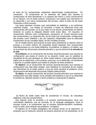 el resto de los componentes, adoptando determinadas configuraciones. En
conclusión: El componente es un elemento del objeto que expresa la
configuración de éste atendiendo a un aspecto del mismo y como consecuencia
de su relación, con el medio externo, incluyendo a los sujetos que intervienen en
su desarrollo y con otros componentes del proceso, sobre la base de las leyes
inherentes a dicho proceso.
Las leyes expresan vínculos cuya racionalidad es dialéctica, y se conforman
mediante triadas. Las triadas se concretan a través de relaciones entre tres
componentes del proceso, en la que cada uno de dichos componentes se definen
teniendo en cuenta la obligada relación entre todos ellos. En resumen, el
componente, definido como configuración, presupone, el vínculo esencial entre
tres componentes y su respectiva ley, de tal modo que componente, configuración
del proceso como totalidad y ley son aspectos inseparables para la adecuada
comprensión de tan complejo objeto, de tan complejo proceso.
En el modelo teórico que propone el autor para caracterizar la relación entre el
proceso y el medio externo (la necesidad social) aparecen tres componentes
interrelacionados en una triada dialéctica, el problema, el objetivo y el objeto, que
es la primera ley del proceso docente-educativo y que se denomina la escuela en
la vida.
El problema, es el componente del proceso docente-educativo que expresa la
configuración que posee el mismo en su situación inicial, que no satisface la
necesidad de los que participan en dicho medio externo y que porta determinado
objeto que se selecciona, como proceso, para que, en su desarrollo, se transforme
y alcance un posible objetivo que implica la solución de dicho problema.
El objetivo, es el componente del proceso docente-educativo que expresa la
configuración que éste debe adoptar, para satisfacer la necesidad de los sujetos
que intervienen en el medio externo y que por tanto resuelve el problema, como
consecuencia del desarrollo del proceso (objeto) seleccionado.
El objeto, es aquel componente del proceso docente-educativo que expresa la
configuración que éste adopta, como portador del problema y que en su desarrollo
lo transforma, dándole solución a dicho problema y alcanzando el objetivo.
PROBLEMA OBJETIVO
OBJETO
(la flecha de doble saeta trata de caracterizar el vínculo, de naturaleza
dialéctica, entre los componentes).
Esa relación entre la sociedad y el proceso docente-educativo, tiene una
racionalidad dialéctica; que se concreta, en un lenguaje pedagógico, entre el
encargo social y el componente que el proceso docente-educativo manifiesta,
como un todo, para resolver ese problema: el objetivo.
El objetivo es el modelo pedagógico del encargo social, es la aspiración, el
propósito que la institución docente se propone alcanzar en los estudiantes, en el
 