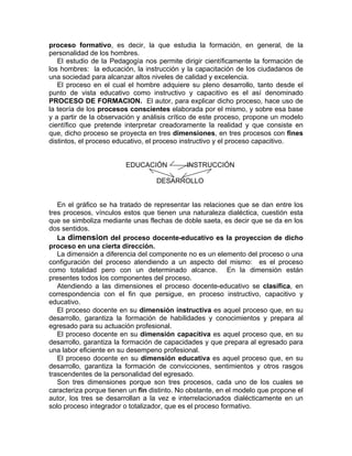 proceso formativo, es decir, la que estudia la formación, en general, de la
personalidad de los hombres.
El estudio de la Pedagogía nos permite dirigir científicamente la formación de
los hombres: la educación, la instrucción y la capacitación de los ciudadanos de
una sociedad para alcanzar altos niveles de calidad y excelencia.
El proceso en el cual el hombre adquiere su pleno desarrollo, tanto desde el
punto de vista educativo como instructivo y capacitivo es el así denominado
PROCESO DE FORMACION. El autor, para explicar dicho proceso, hace uso de
la teoría de los procesos conscientes elaborada por el mismo, y sobre esa base
y a partir de la observación y análisis crítico de este proceso, propone un modelo
científico que pretende interpretar creadoramente la realidad y que consiste en
que, dicho proceso se proyecta en tres dimensiones, en tres procesos con fines
distintos, el proceso educativo, el proceso instructivo y el proceso capacitivo.
EDUCACIÓN INSTRUCCIÓN
DESARROLLO
En el gráfico se ha tratado de representar las relaciones que se dan entre los
tres procesos, vínculos estos que tienen una naturaleza dialéctica, cuestión esta
que se simboliza mediante unas flechas de doble saeta, es decir que se da en los
dos sentidos.
La dimension del proceso docente-educativo es la proyeccion de dicho
proceso en una cierta dirección.
La dimensión a diferencia del componente no es un elemento del proceso o una
configuración del proceso atendiendo a un aspecto del mismo: es el proceso
como totalidad pero con un determinado alcance. En la dimensión están
presentes todos los componentes del proceso.
Atendiendo a las dimensiones el proceso docente-educativo se clasifica, en
correspondencia con el fin que persigue, en proceso instructivo, capacitivo y
educativo.
El proceso docente en su dimensión instructiva es aquel proceso que, en su
desarrollo, garantiza la formación de habilidades y conocimientos y prepara al
egresado para su actuación profesional.
El proceso docente en su dimensión capacitiva es aquel proceso que, en su
desarrollo, garantiza la formación de capacidades y que prepara al egresado para
una labor eficiente en su desempeno profesional.
El proceso docente en su dimensión educativa es aquel proceso que, en su
desarrollo, garantiza la formación de convicciones, sentimientos y otros rasgos
trascendentes de la personalidad del egresado.
Son tres dimensiones porque son tres procesos, cada uno de los cuales se
caracteriza porque tienen un fin distinto. No obstante, en el modelo que propone el
autor, los tres se desarrollan a la vez e interrelacionados dialécticamente en un
solo proceso integrador o totalizador, que es el proceso formativo.
 