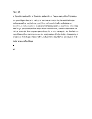 figura 12.

a] Rotación-supinación, b] Aducción-abducción, c] Flexión-extensión,d] Rotación.

tos que obligan al usuario a adoptar posturas antinaturales, lasactividadesque
obligan a realizar movimiento repetitivos y el manejo inadecuado decargas
excesivas.Es fácil pensar que estas condiciones se presentan solamente encentros
de trabajo, pero son comunes en los espacios cotidianos,con eluso de enseres de
cocina, vehículos de transporte y mobiliario.Por si esto fuera poco, los diseñadores
industriales debemos recordar que los responsables del diseño de estos puestos o
estaciones de trabajosomos nosotros. Actualmente abundan en las escuelas de di-

factor anatomofisiológico

■

47
 