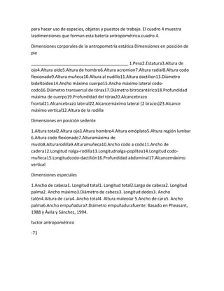para hacer uso de espacios, objetos y puestos de trabajo. El cuadro 4 muestra
lasdimensiones que forman esta batería antropométrica.cuadro 4.

Dimensiones corporales de la antropometría estática Dimensiones en posición de
pie

_________________________________________ 1.Peso2.Estatura3.Altura de
ojo4.Altura oído5.Altura de hombro6.Altura acromion7.Altura radial8.Altura codo
flexionado9.Altura muñeca10.Altura al nudillo11.Altura dactilion13.Diámetro
bideltoideo14.Ancho máximo cuerpo15.Ancho máximo lateral codo-
codo16.Diámetro transversal de tórax17.Diámetro bitrocantérico18.Profundidad
máxima de cuerpo19.Profundidad del tórax20.Alcancebrazo
frontal21.Alcancebrazo lateral22.Alcancemáximo lateral (2 brazos)23.Alcance
máximo vertical12.Altura de la rodilla

Dimensiones en posición sedente

1.Altura total2.Altura ojo3.Altura hombro4.Altura omóplato5.Altura región lumbar
6.Altura codo flexionado7.Alturamáxima de
muslo8.Alturarodilla9.Alturamuñeca10.Ancho codo a codo11.Ancho de
cadera12.Longitud nalga-rodilla13.Longitudnalga-poplítea14.Longitud codo-
muñeca15.Longitudcodo-dactilión16.Profundidad abdominal17.Alcancemáximo
vertical

Dimensiones especiales

1.Ancho de cabeza1. Longitud total1. Longitud total2.Largo de cabeza2. Longitud
palma2. Ancho máximo3.Diámetro de cabeza3. Longitud dedos3. Ancho
talón4.Altura de cara4. Ancho total4. Altura maleolar 5.Ancho de cara5. Ancho
palma6.Ancho empuñadura7.Diámetro empuñadurafuente: Basado en Pheasant,
1988 y Ávila y Sánchez, 1994.

factor antropométrico

-71
 