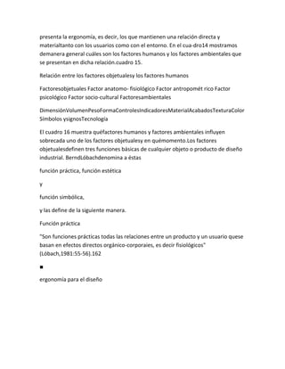 presenta la ergonomía, es decir, los que mantienen una relación directa y
materialtanto con los usuarios como con el entorno. En el cua-dro14 mostramos
demanera general cuáles son los factores humanos y los factores ambientales que
se presentan en dicha relación.cuadro 15.

Relación entre los factores objetualesy los factores humanos

Factoresobjetuales Factor anatomo- fisiológico Factor antropomét rico Factor
psicológico Factor socio-cultural Factoresambientales

DimensiónVolumenPesoFormaControlesIndicadoresMaterialAcabadosTexturaColor
Símbolos ysignosTecnología

El cuadro 16 muestra quéfactores humanos y factores ambientales influyen
sobrecada uno de los factores objetualesy en quémomento.Los factores
objetualesdefinen tres funciones básicas de cualquier objeto o producto de diseño
industrial. BerndLóbachdenomina a éstas

función práctica, función estética

y

función simbólica,

y las define de la siguiente manera.

Función práctica

"Son funciones prácticas todas las relaciones entre un producto y un usuario quese
basan en efectos directos orgánico-corporaies, es decir fisiológicos"
(Lóbach,1981:55-56).162

■

ergonomía para el diseño
 