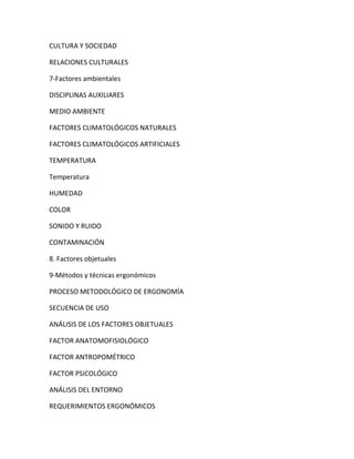 CULTURA Y SOCIEDAD

RELACIONES CULTURALES

7-Factores ambientales

DISCIPLINAS AUXILIARES

MEDIO AMBIENTE

FACTORES CLIMATOLÓGICOS NATURALES

FACTORES CLIMATOLÓGICOS ARTIFICIALES

TEMPERATURA

Temperatura

HUMEDAD

COLOR

SONIDO Y RUIDO

CONTAMINACIÓN

8. Factores objetuales

9-Métodos y técnicas ergonómicos

PROCESO METODOLÓGICO DE ERGONOMÍA

SECUENCIA DE USO

ANÁLISIS DE LOS FACTORES OBJETUALES

FACTOR ANATOMOFISIOLÓGICO

FACTOR ANTROPOMÉTRICO

FACTOR PSICOLÓGICO

ANÁLISIS DEL ENTORNO

REQUERIMIENTOS ERGONÓMICOS
 