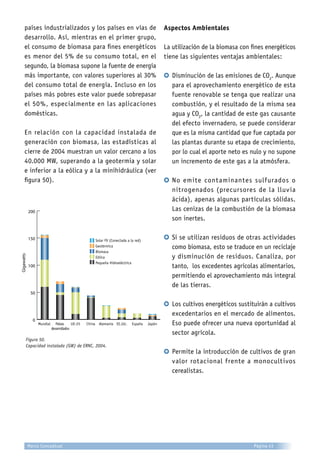 países industrializados y los países en vías de
desarrollo. Así, mientras en el primer grupo,
el consumo de biomasa para fines energéticos
es menor del 5% de su consumo total, en el
segundo, la biomasa supone la fuente de energía
más importante, con valores superiores al 30%
del consumo total de energía. Incluso en los
países más pobres este valor puede sobrepasar
el 50%, especialmente en las aplicaciones
domésticas.
En relación con la capacidad instalada de
generación con biomasa, las estadísticas al
cierre de 2004 muestran un valor cercano a los
40.000 MW, superando a la geotermia y solar
e inferior a la eólica y a la minihidráulica (ver
figura 50).
0
50
100
150
200
Mundial
Solar FV (Conectada a la red)
Geotérmica
Biomasa
Eólica
Pequeña Hidroeléctrica
Países
desarrollados
UE-25 China Alemania EE.UU. España Japón
Gigawatts
Figura 50.
Capacidad instalada (GW) de ERNC, 2004.
Aspectos Ambientales
La utilización de la biomasa con fines energéticos
tiene las siguientes ventajas ambientales:
b	Disminución de las emisiones de CO2
. Aunque
para el aprovechamiento energético de esta
fuente renovable se tenga que realizar una
combustión, y el resultado de la misma sea
agua y CO2
, la cantidad de este gas causante
del efecto invernadero, se puede considerar
que es la misma cantidad que fue captada por
las plantas durante su etapa de crecimiento,
por lo cual el aporte neto es nulo y no supone
un incremento de este gas a la atmósfera.
b	No emite contaminantes sulfurados o
nitrogenados (precursores de la lluvia
ácida), apenas algunas partículas sólidas.
Las cenizas de la combustión de la biomasa
son inertes.
b	Si se utilizan residuos de otras actividades
como biomasa, esto se traduce en un reciclaje
y disminución de residuos. Canaliza, por
tanto, los excedentes agrícolas alimentarios,
permitiendo el aprovechamiento más integral
de las tierras.
b	Los cultivos energéticos sustituirán a cultivos
excedentarios en el mercado de alimentos.
Eso puede ofrecer una nueva oportunidad al
sector agrícola.
b	Permite la introducción de cultivos de gran
valor rotacional frente a monocultivos
cerealistas.
Página 43Marco Conceptual
 