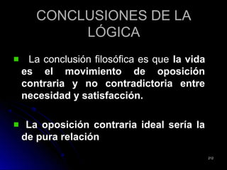 CONCLUSIONES DE LACONCLUSIONES DE LA
LÓGICALÓGICA
La conclusión filosófica es queLa conclusión filosófica es que la vidala vida
es el movimiento de oposiciónes el movimiento de oposición
contraria y no contradictoria entrecontraria y no contradictoria entre
necesidad y satisfacción.necesidad y satisfacción.
La oposición contraria ideal sería laLa oposición contraria ideal sería la
de pura relaciónde pura relación
212212
 
