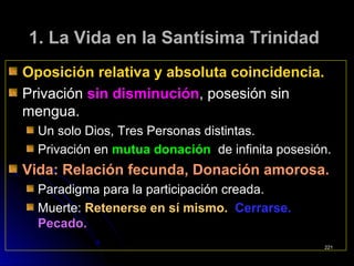 1. La Vida en la Santísima Trinidad1. La Vida en la Santísima Trinidad
Oposición relativa y absoluta coincidencia.Oposición relativa y absoluta coincidencia.
PrivaciónPrivación sin disminuciónsin disminución, posesión sin, posesión sin
mengua.mengua.
Un solo Dios, Tres Personas distintas.Un solo Dios, Tres Personas distintas.
Privación enPrivación en mutua donaciónmutua donación de infinita posesión.de infinita posesión.
Vida: Relación fecunda, Donación amorosa.Vida: Relación fecunda, Donación amorosa.
Paradigma para la participación creada.Paradigma para la participación creada.
Muerte:Muerte: Retenerse en sí mismo.Retenerse en sí mismo. Cerrarse.Cerrarse.
Pecado.Pecado.
221221
 