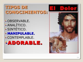 TIPOS DETIPOS DE
CONOCIMIENTOSCONOCIMIENTOS::
OBSERVABLE.
ANALÍTICO.
SINTÉTICO.
MANIPULABLE.MANIPULABLE.
CONTEMPLABLE.
ADORABLE.ADORABLE.
El DolorEl Dolor
254
 