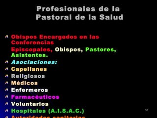 Profesionales de laProfesionales de la
Pastoral de la SaludPastoral de la Salud
Obispos Encargados en lasObispos Encargados en las
ConferenciasConferencias
Episcopales,Episcopales, Obispos,Obispos, Pastores,Pastores,
Asistentes.Asistentes.
Asociaciones:Asociaciones:
CapellanesCapellanes
ReligiososReligiosos
MédicosMédicos
EnfermerosEnfermeros
FarmacéuticosFarmacéuticos
VoluntariosVoluntarios
Hospitales (A.I.S.A.C.)Hospitales (A.I.S.A.C.) 4343
 